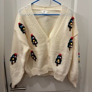 NWT Luna Ivy soft knit Cream Cardigan with Colorful 3D Tree Accents - M